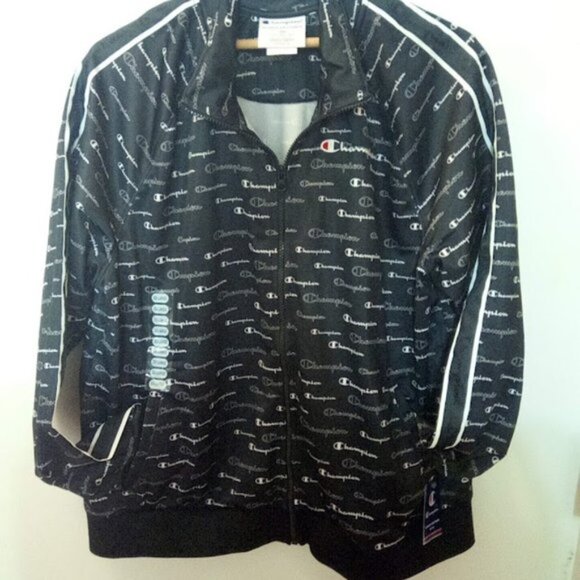 Champion Black Monogram Long Sleeve Cuffed Wrist Zippered Track Jacket WM US 2XL - Picture 1 of 12